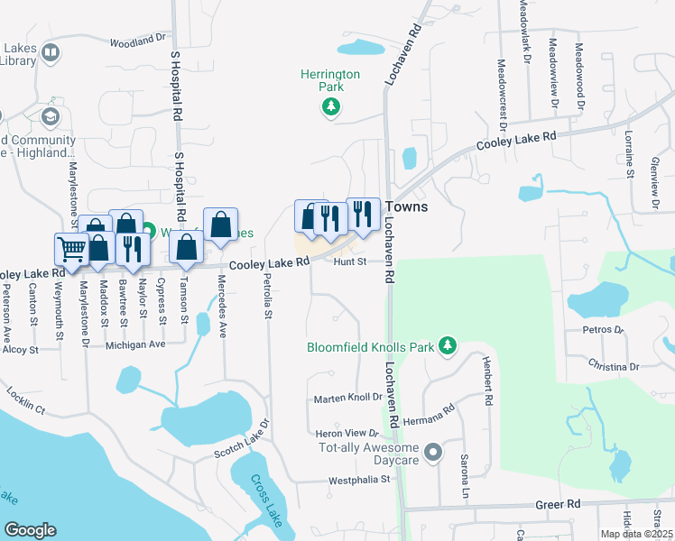 map of restaurants, bars, coffee shops, grocery stores, and more near 6611 Hunt Street in West Bloomfield Township