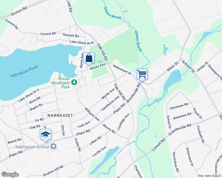 map of restaurants, bars, coffee shops, grocery stores, and more near 21 Myrtle Avenue in Westford