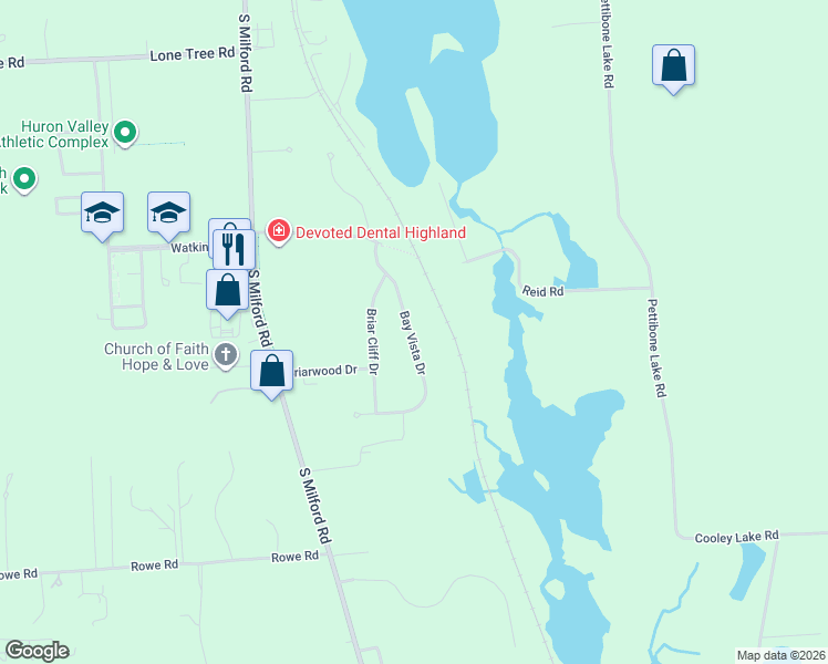 map of restaurants, bars, coffee shops, grocery stores, and more near 2630 Bay Vista Drive in Highland Charter Township