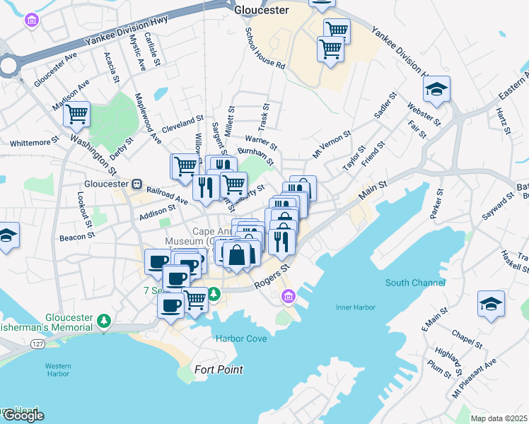 map of restaurants, bars, coffee shops, grocery stores, and more near 26 Chestnut Street in Gloucester