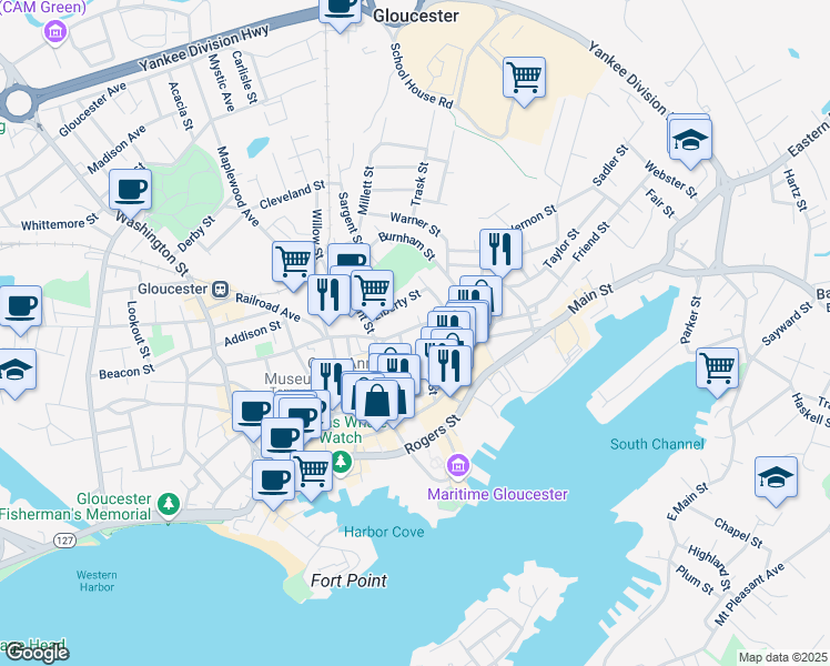 map of restaurants, bars, coffee shops, grocery stores, and more near 26 Chestnut Street in Gloucester
