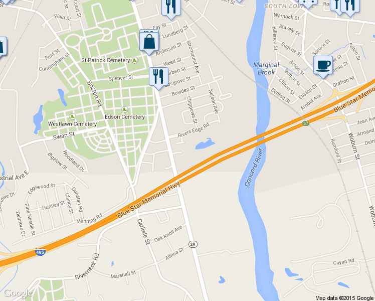 map of restaurants, bars, coffee shops, grocery stores, and more near 1500 Gorham Street in Lowell