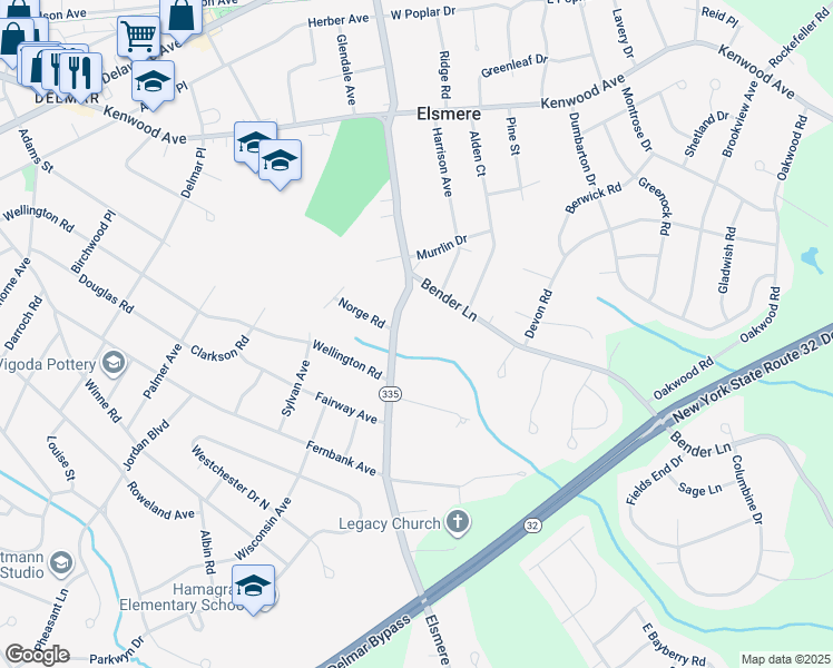 map of restaurants, bars, coffee shops, grocery stores, and more near 112 Elsmere Avenue in Delmar