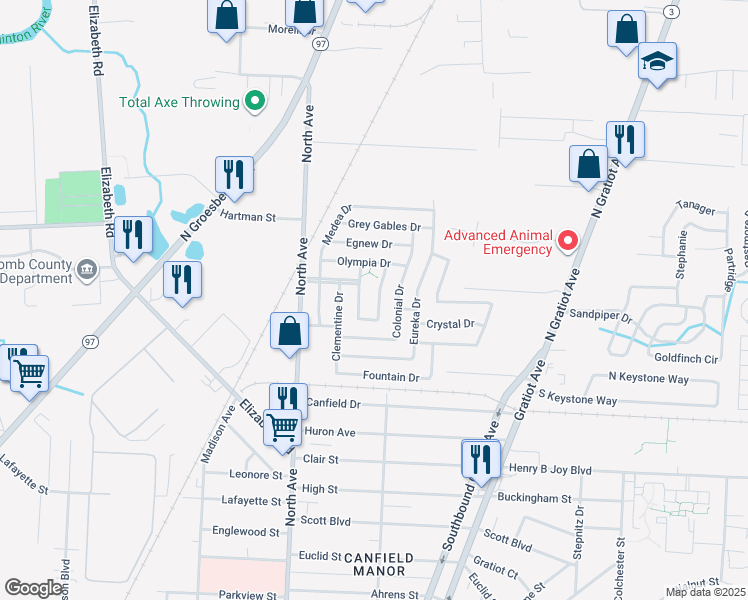 map of restaurants, bars, coffee shops, grocery stores, and more near 43453 Park Drive East in Clinton Township
