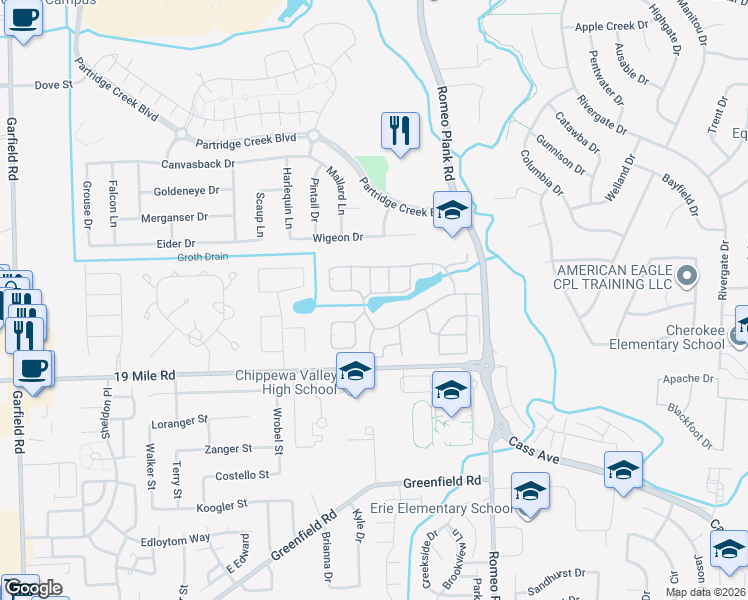 map of restaurants, bars, coffee shops, grocery stores, and more near 18255 Manorwood South in Clinton Township