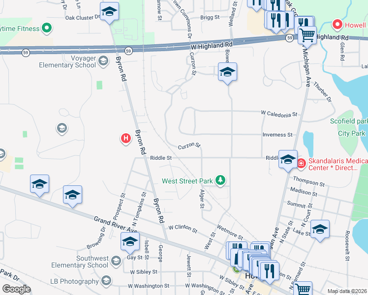 map of restaurants, bars, coffee shops, grocery stores, and more near 624 Riddle Street in Howell