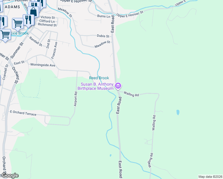 map of restaurants, bars, coffee shops, grocery stores, and more near 87 East Street in Adams