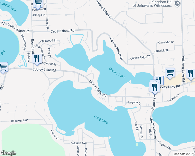 map of restaurants, bars, coffee shops, grocery stores, and more near 8786 Charbane Street in White Lake charter Township