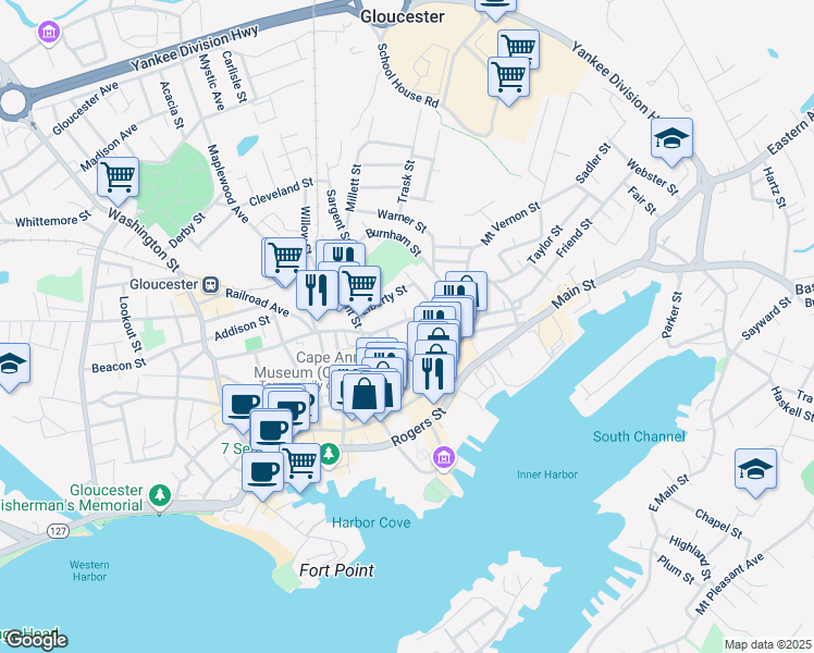 map of restaurants, bars, coffee shops, grocery stores, and more near 26 Chestnut Street in Gloucester