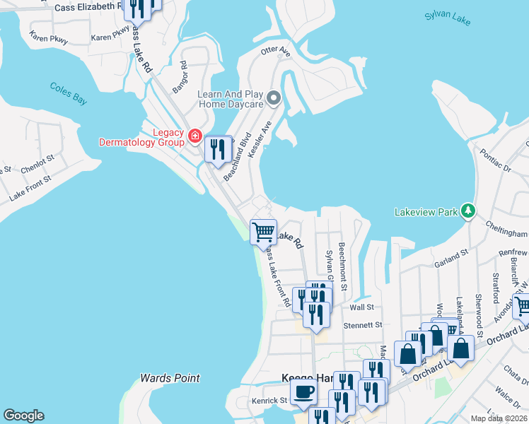 map of restaurants, bars, coffee shops, grocery stores, and more near 1671 Cass Lake Road in Keego Harbor