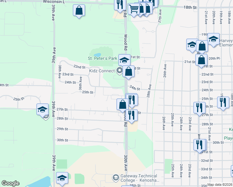 map of restaurants, bars, coffee shops, grocery stores, and more near 3067 25th Street in Kenosha