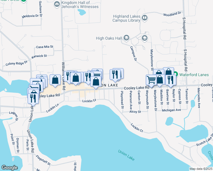 map of restaurants, bars, coffee shops, grocery stores, and more near 7698 Cooley Lake Road in Waterford Township