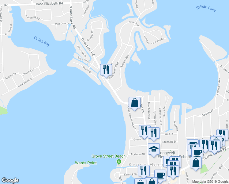 map of restaurants, bars, coffee shops, grocery stores, and more near 1651 Cass Lake Road in Keego Harbor