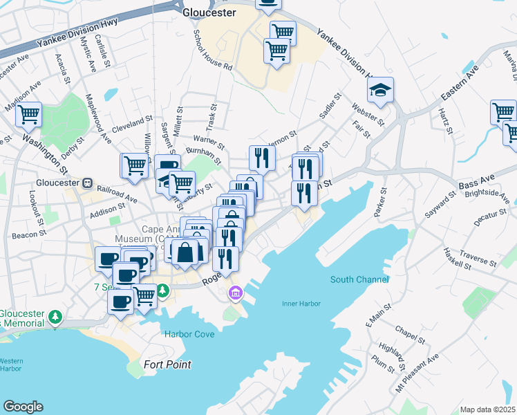 map of restaurants, bars, coffee shops, grocery stores, and more near 128 Rogers Street in Gloucester