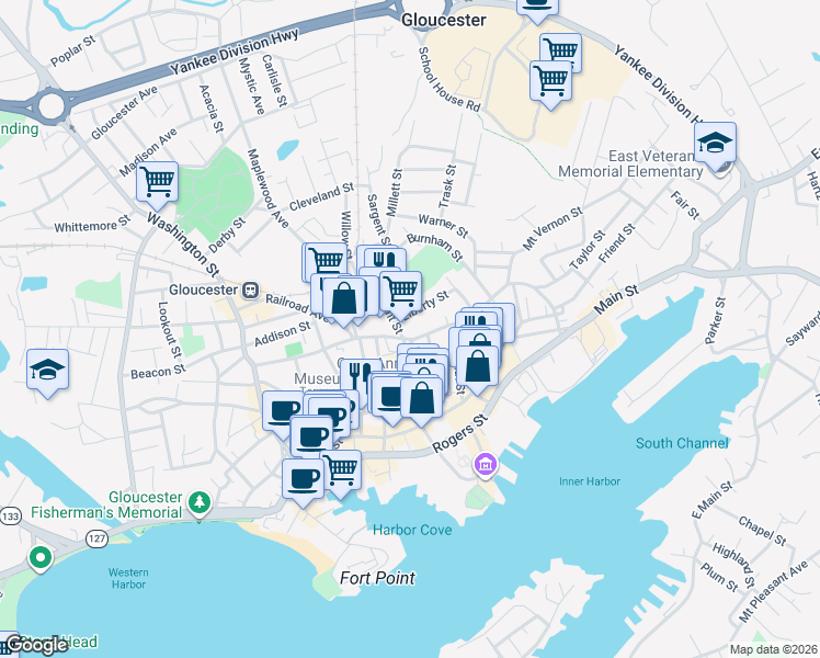 map of restaurants, bars, coffee shops, grocery stores, and more near 47 Pleasant Street in Gloucester