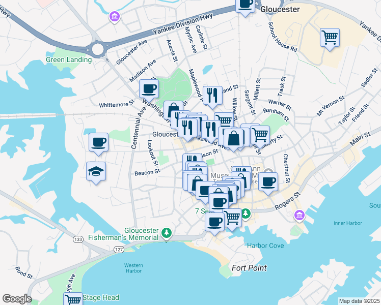 map of restaurants, bars, coffee shops, grocery stores, and more near 7 Addison Street in Gloucester