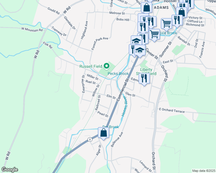 map of restaurants, bars, coffee shops, grocery stores, and more near 21-23 Temple Street in Adams