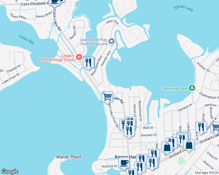 map of restaurants, bars, coffee shops, grocery stores, and more near 3064 Stapleton Drive in Keego Harbor