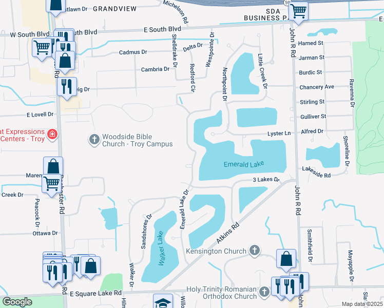 map of restaurants, bars, coffee shops, grocery stores, and more near 6499 Emerald Lake Drive in Troy