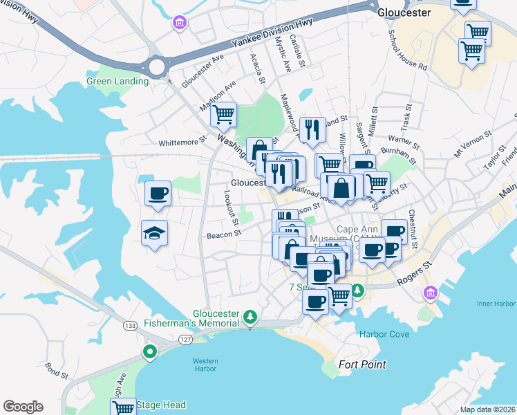 map of restaurants, bars, coffee shops, grocery stores, and more near 9 Beacon Street in Gloucester
