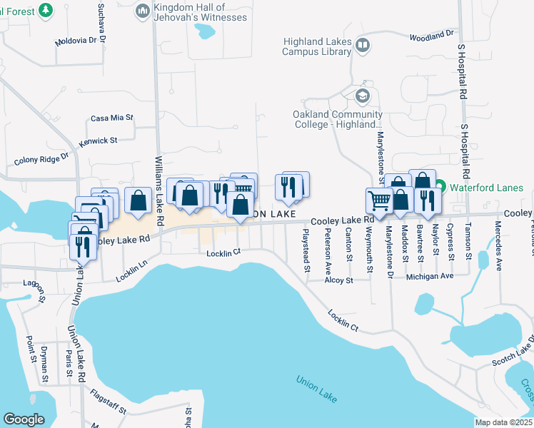 map of restaurants, bars, coffee shops, grocery stores, and more near 7698 Cooley Lake Road in Waterford Township