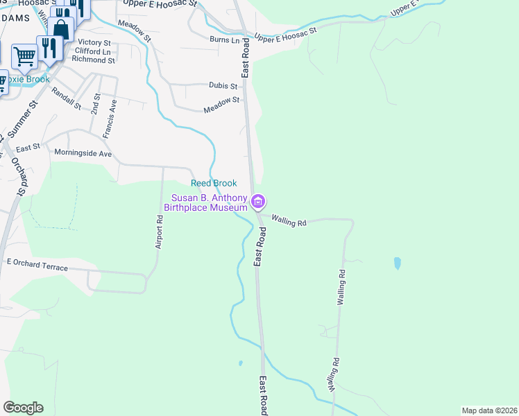 map of restaurants, bars, coffee shops, grocery stores, and more near 67 East Road in Adams