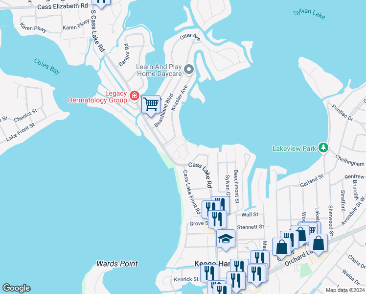 map of restaurants, bars, coffee shops, grocery stores, and more near 1663 Cass Lake Road in Keego Harbor