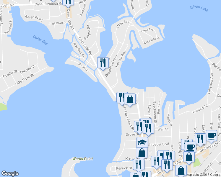map of restaurants, bars, coffee shops, grocery stores, and more near 1649 Cass Lake Road in Keego Harbor