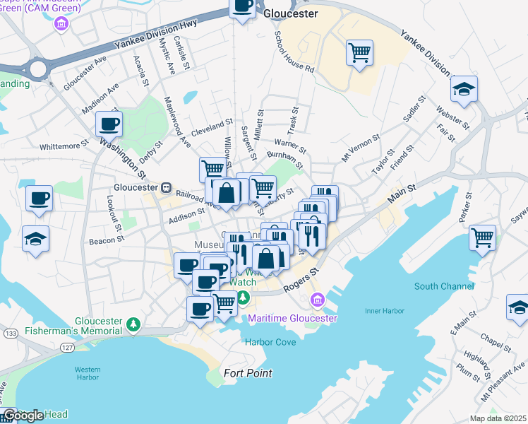 map of restaurants, bars, coffee shops, grocery stores, and more near 76 Prospect Street in Gloucester