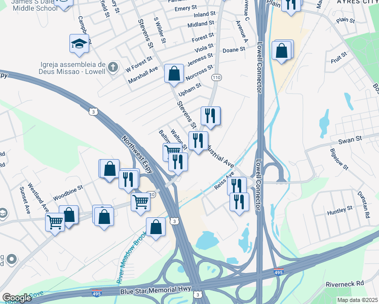 map of restaurants, bars, coffee shops, grocery stores, and more near 900 Chelmsford Street in Lowell