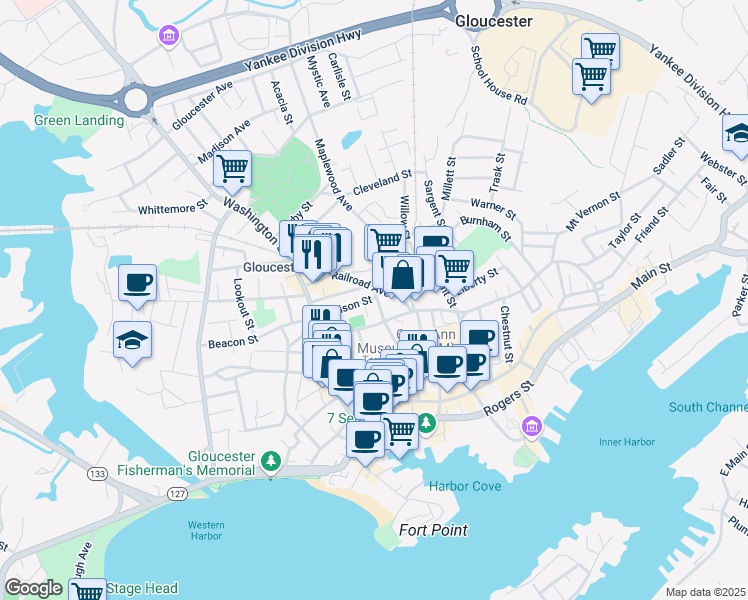 map of restaurants, bars, coffee shops, grocery stores, and more near 24 Prospect Street in Gloucester