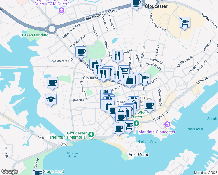 map of restaurants, bars, coffee shops, grocery stores, and more near 7 Addison Street in Gloucester