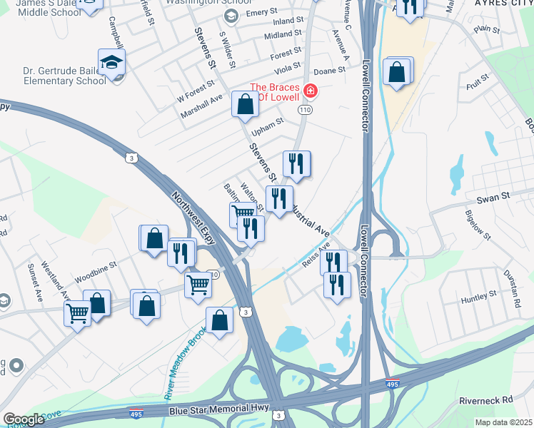 map of restaurants, bars, coffee shops, grocery stores, and more near in Lowell