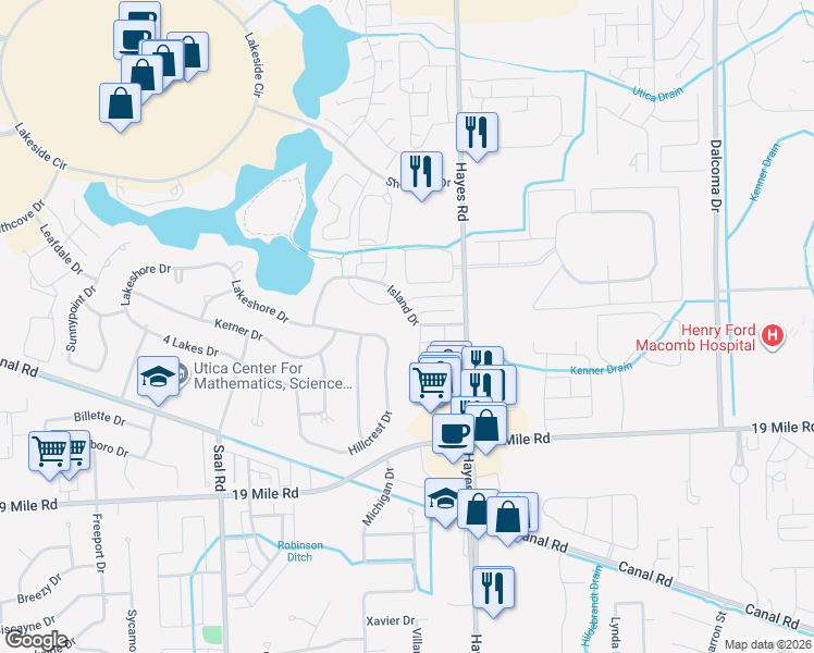 map of restaurants, bars, coffee shops, grocery stores, and more near 43456 Hillcrest Drive in Sterling Heights