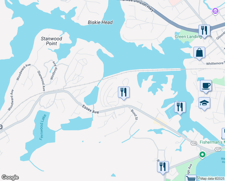 map of restaurants, bars, coffee shops, grocery stores, and more near 202 Heights at Cape Ann in Gloucester