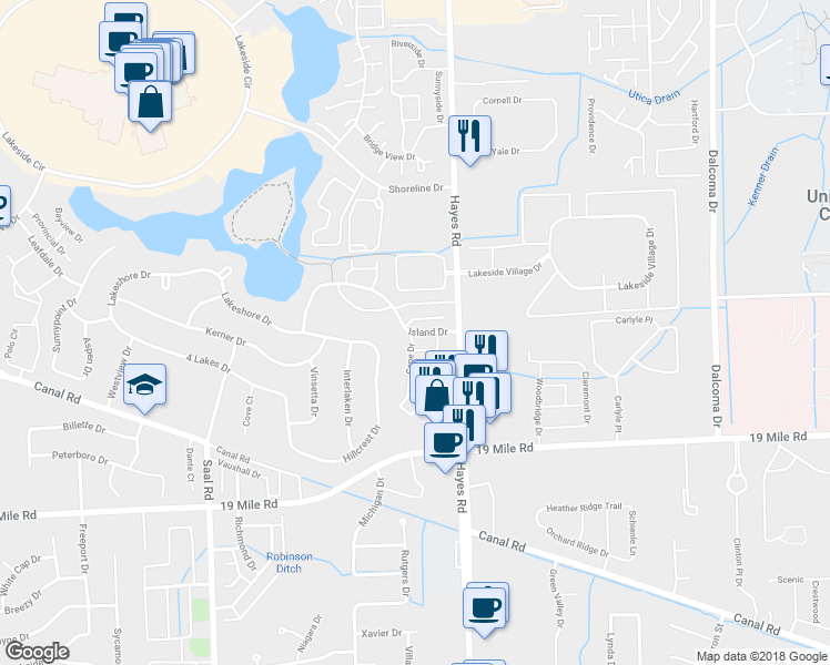 map of restaurants, bars, coffee shops, grocery stores, and more near 15032 Island Drive in Sterling Heights