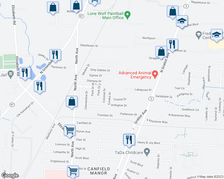 map of restaurants, bars, coffee shops, grocery stores, and more near 43732 Eureka Drive in Charter Township of Clinton