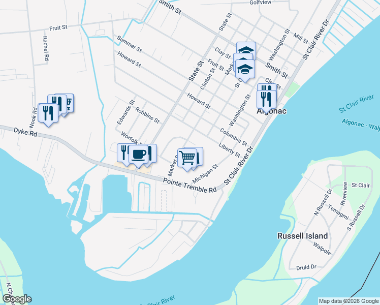 map of restaurants, bars, coffee shops, grocery stores, and more near 804 Townsend Cresent East in Algonac