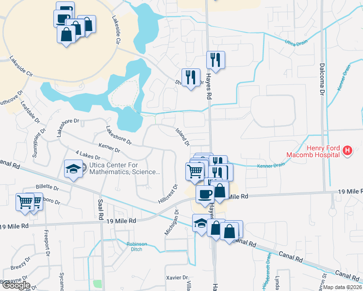 map of restaurants, bars, coffee shops, grocery stores, and more near 14959 Olivewood Drive in Sterling Heights