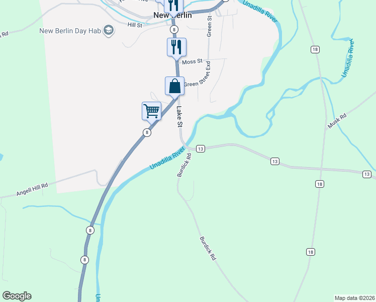 map of restaurants, bars, coffee shops, grocery stores, and more near 13 Lake St in New Berlin