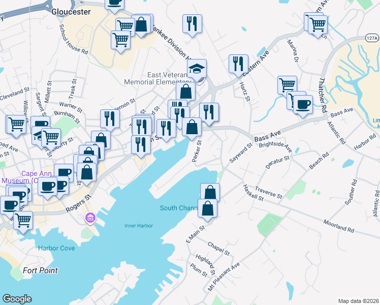 map of restaurants, bars, coffee shops, grocery stores, and more near 3 Parker Street in Gloucester