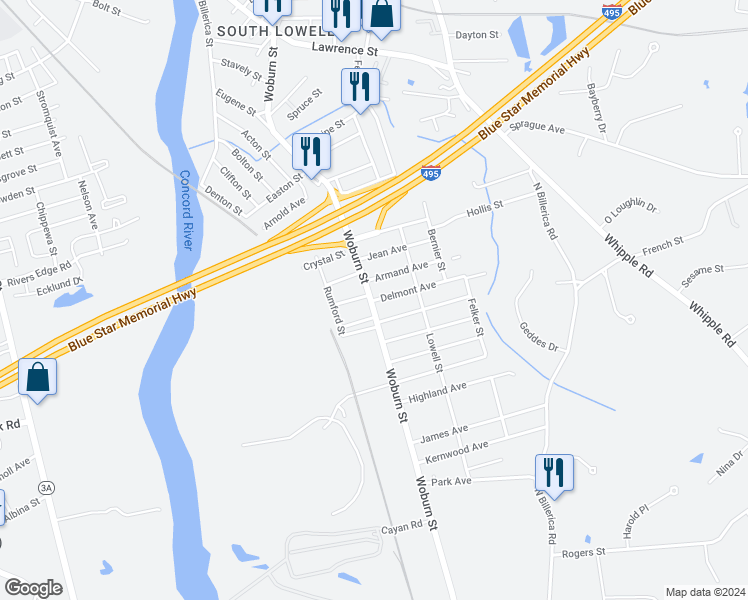 map of restaurants, bars, coffee shops, grocery stores, and more near 4 Delmont Avenue in Lowell