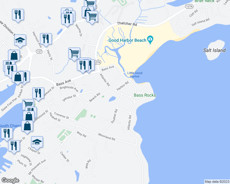 map of restaurants, bars, coffee shops, grocery stores, and more near 7 Harbor Road in Gloucester