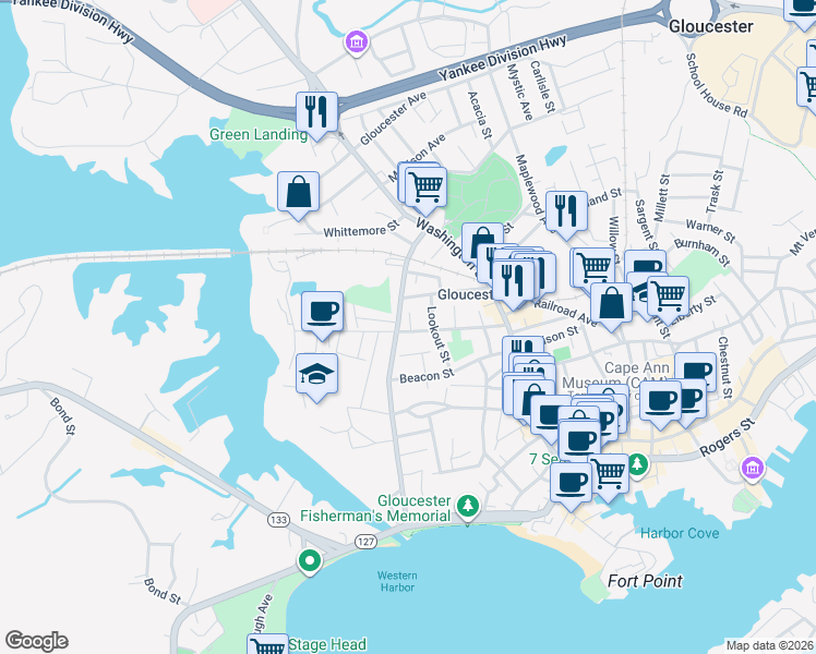 map of restaurants, bars, coffee shops, grocery stores, and more near 32 Exchange Street in Gloucester