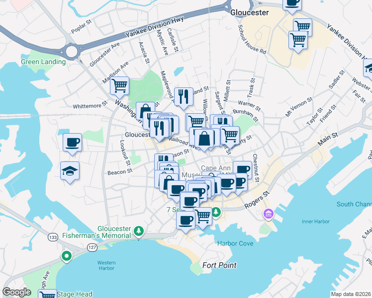 map of restaurants, bars, coffee shops, grocery stores, and more near 20 Railroad Avenue in Gloucester