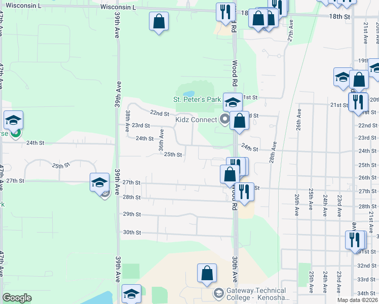 map of restaurants, bars, coffee shops, grocery stores, and more near 2329 34th Avenue in Kenosha