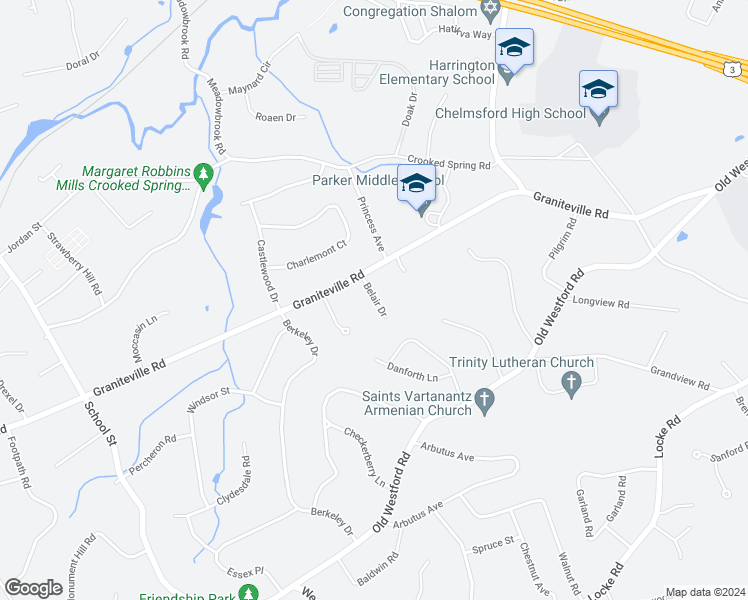 map of restaurants, bars, coffee shops, grocery stores, and more near 3 Belair Drive in Chelmsford