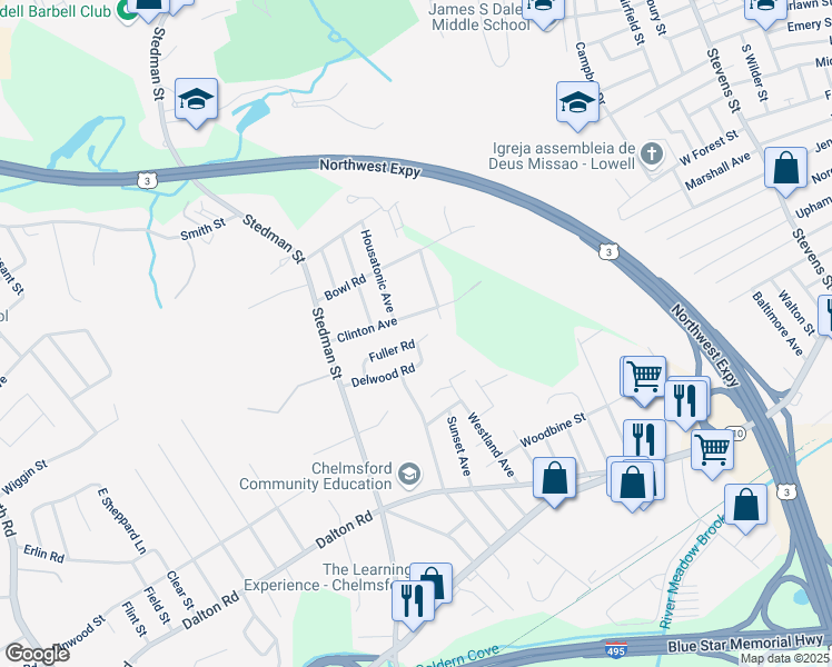 map of restaurants, bars, coffee shops, grocery stores, and more near 21 Clinton Avenue in Chelmsford