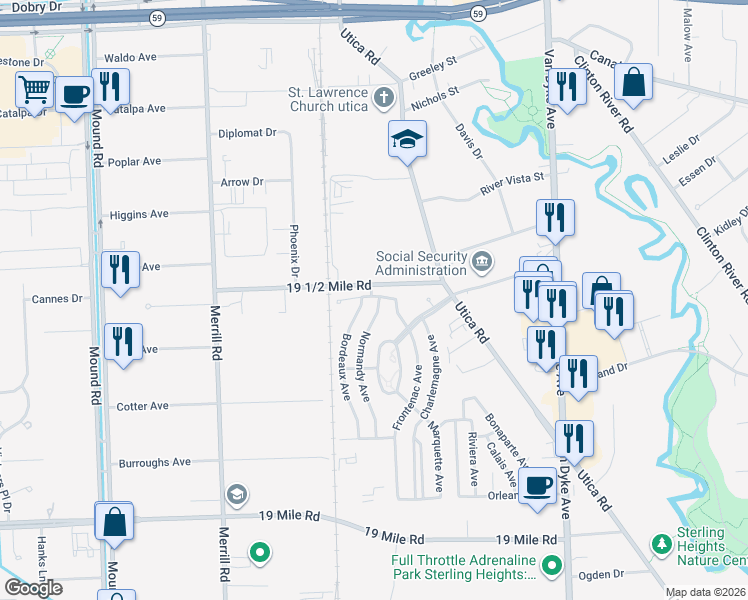 map of restaurants, bars, coffee shops, grocery stores, and more near 7063-7083 19 1/2 Mile Road in Sterling Heights