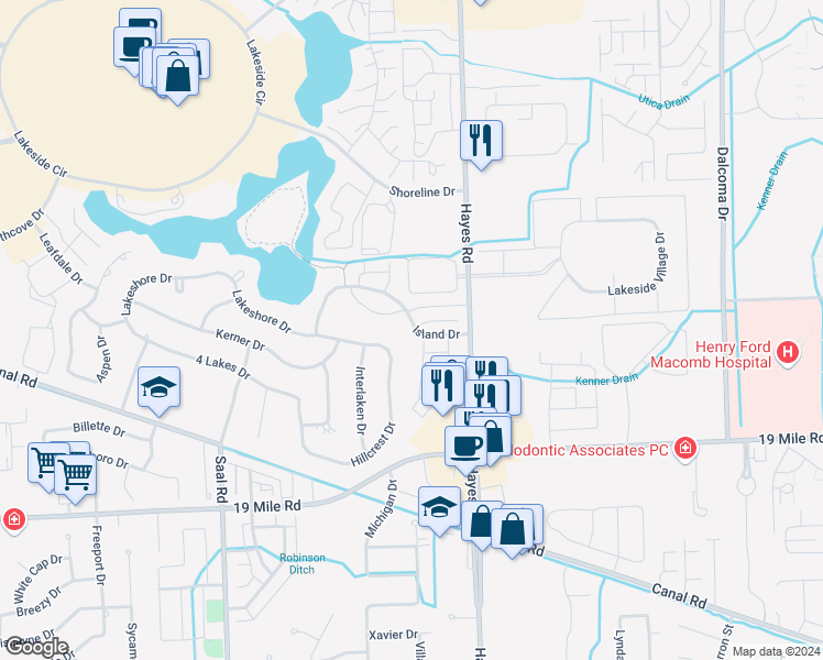 map of restaurants, bars, coffee shops, grocery stores, and more near 15028 Island Drive in Sterling Heights